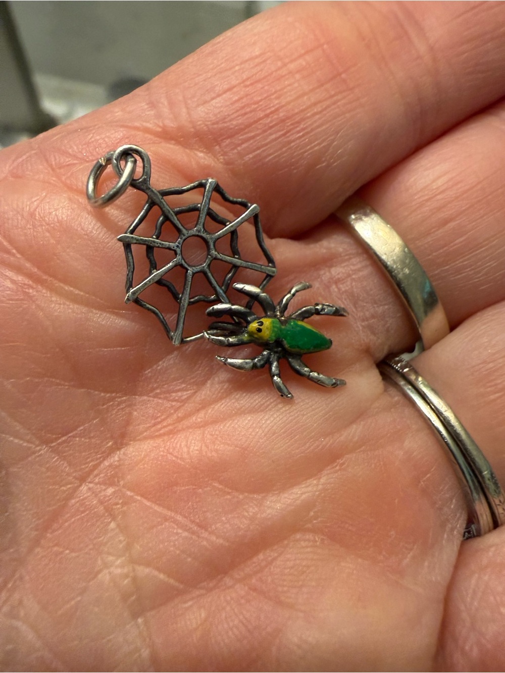 Sterling Spider and Web Charm Pendant in Green and Yellow